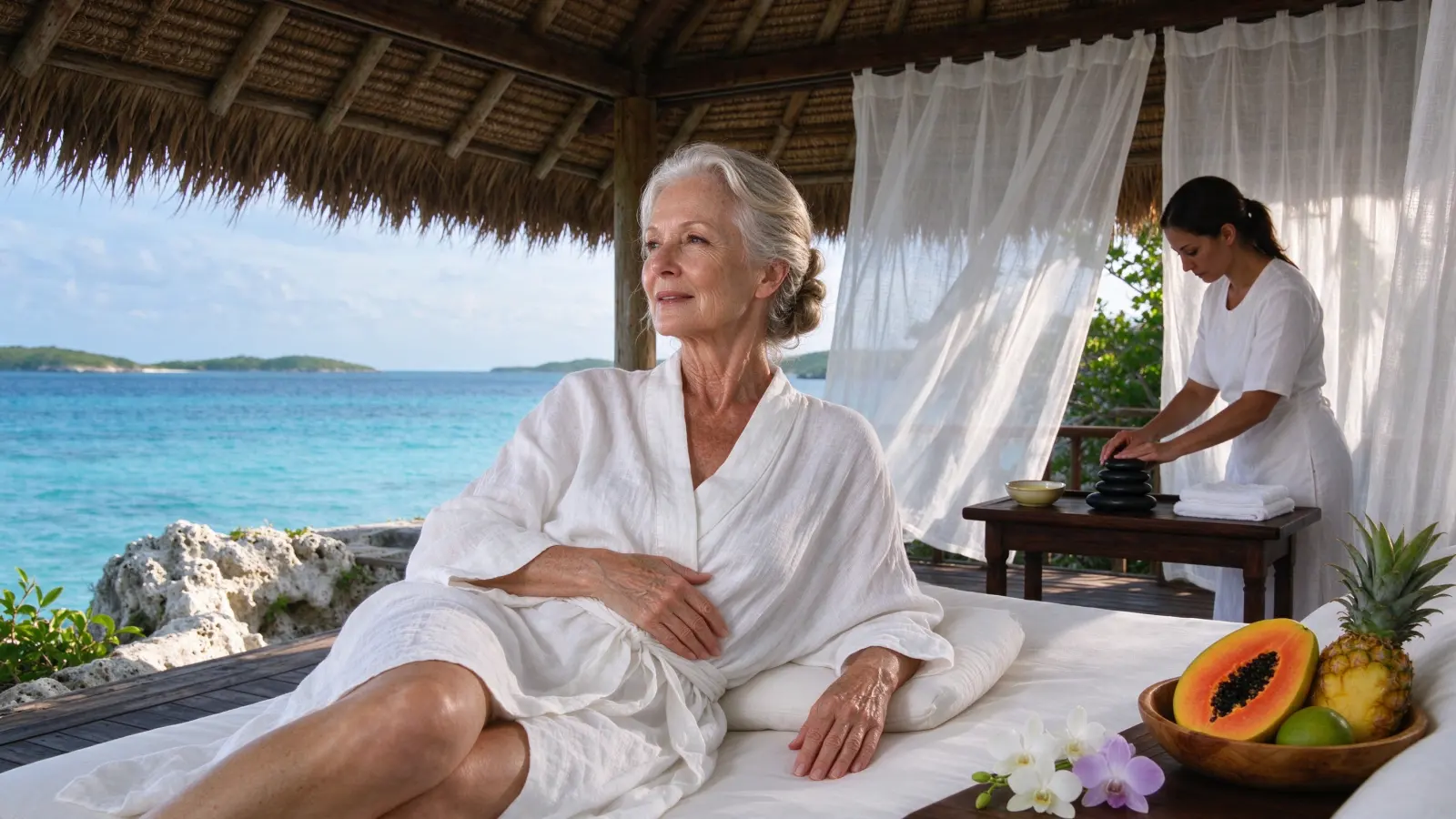An open spa bungalow on the cliff, white curtains, the sea beyond