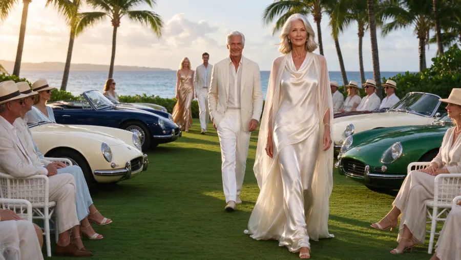 Models in resort white walking between classic cars on the lawn
