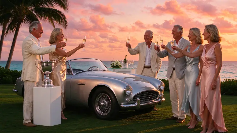 Women in silk dresses with champagne at sunset around a silver roadster