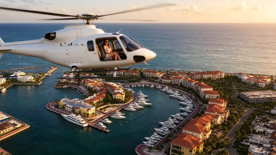 A private helicopter over the Marina at sunset