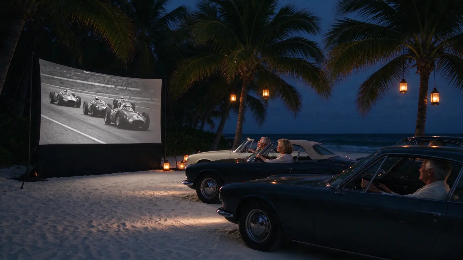 A cinema screen on the sand under the palms showing racing cars of the sixties, classic cars parked facing it with couples inside