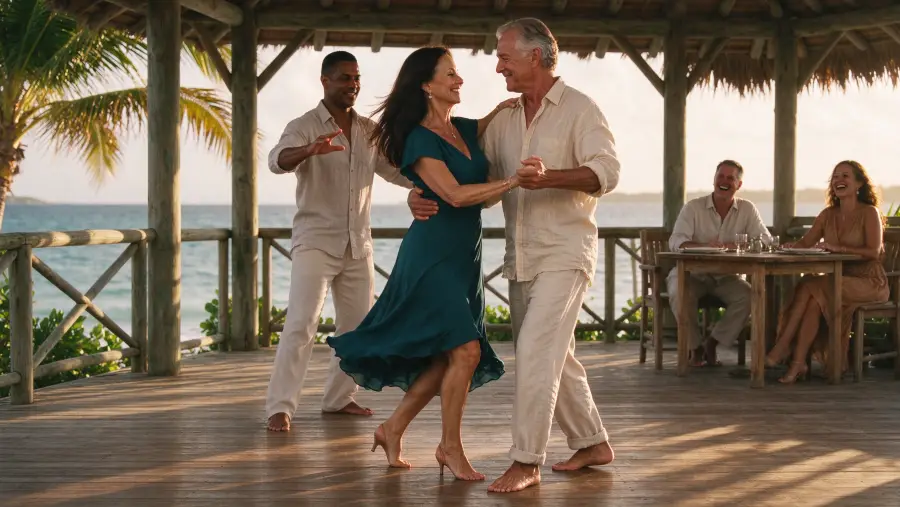 A couple dancing bachata in a wooden pavilion by the sea, their teacher guiding them
