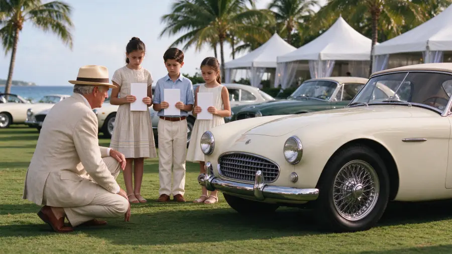 Three children with score cards judging a cream sports car, a grandfather in a panama hat beside them