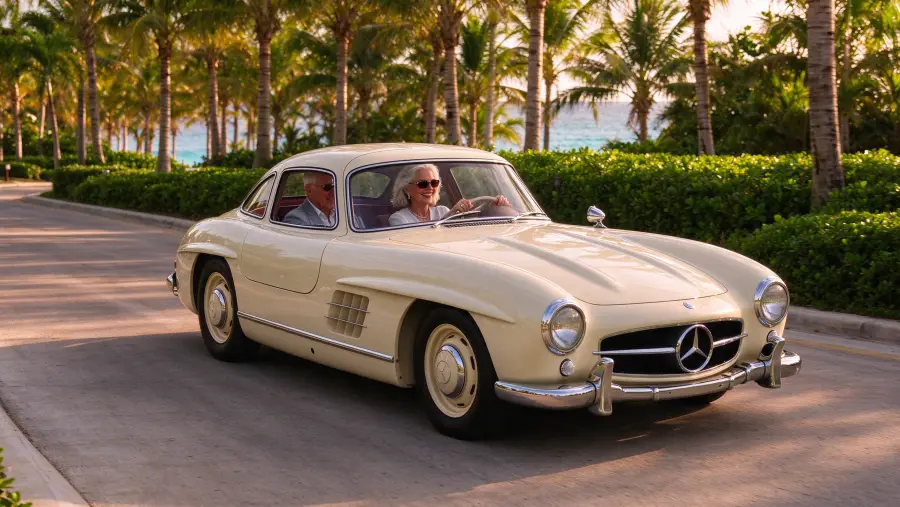 A woman with silver hair at the wheel of the ivory 300 SL on a palm-lined private road, the owner beside her