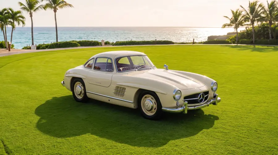 An ivory 300 SL on the lawn above the sea at sunset