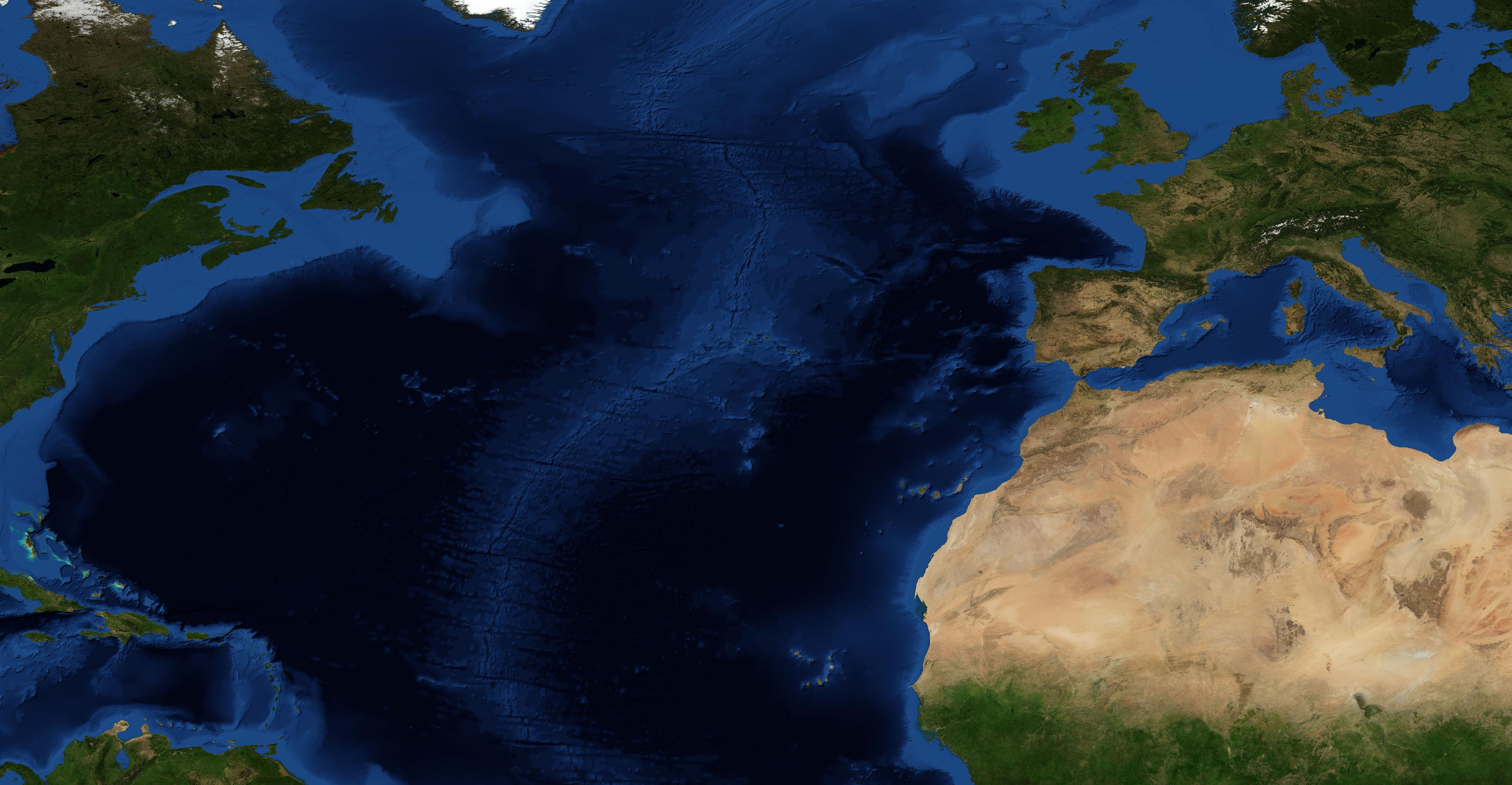 The North Atlantic from space, Europe on the right, the Caribbean on the left