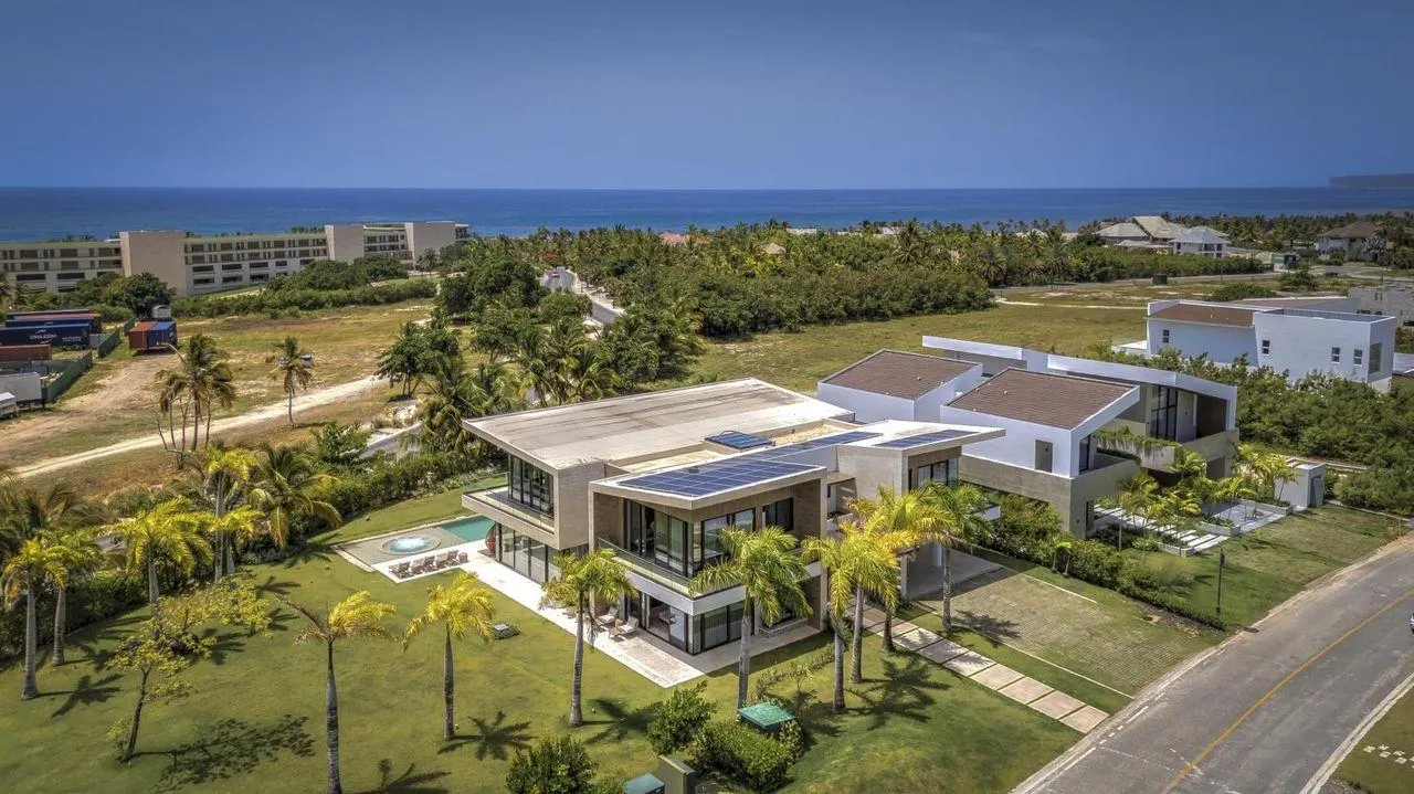 The house from the air among the palms, the sea on the horizon