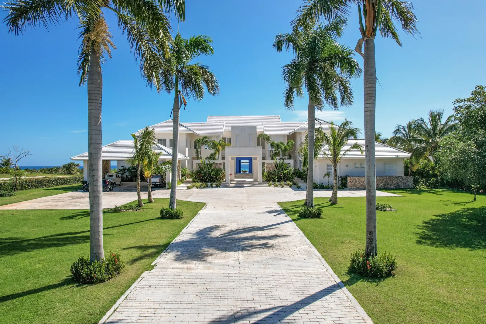 The drive between royal palms to the front of the house