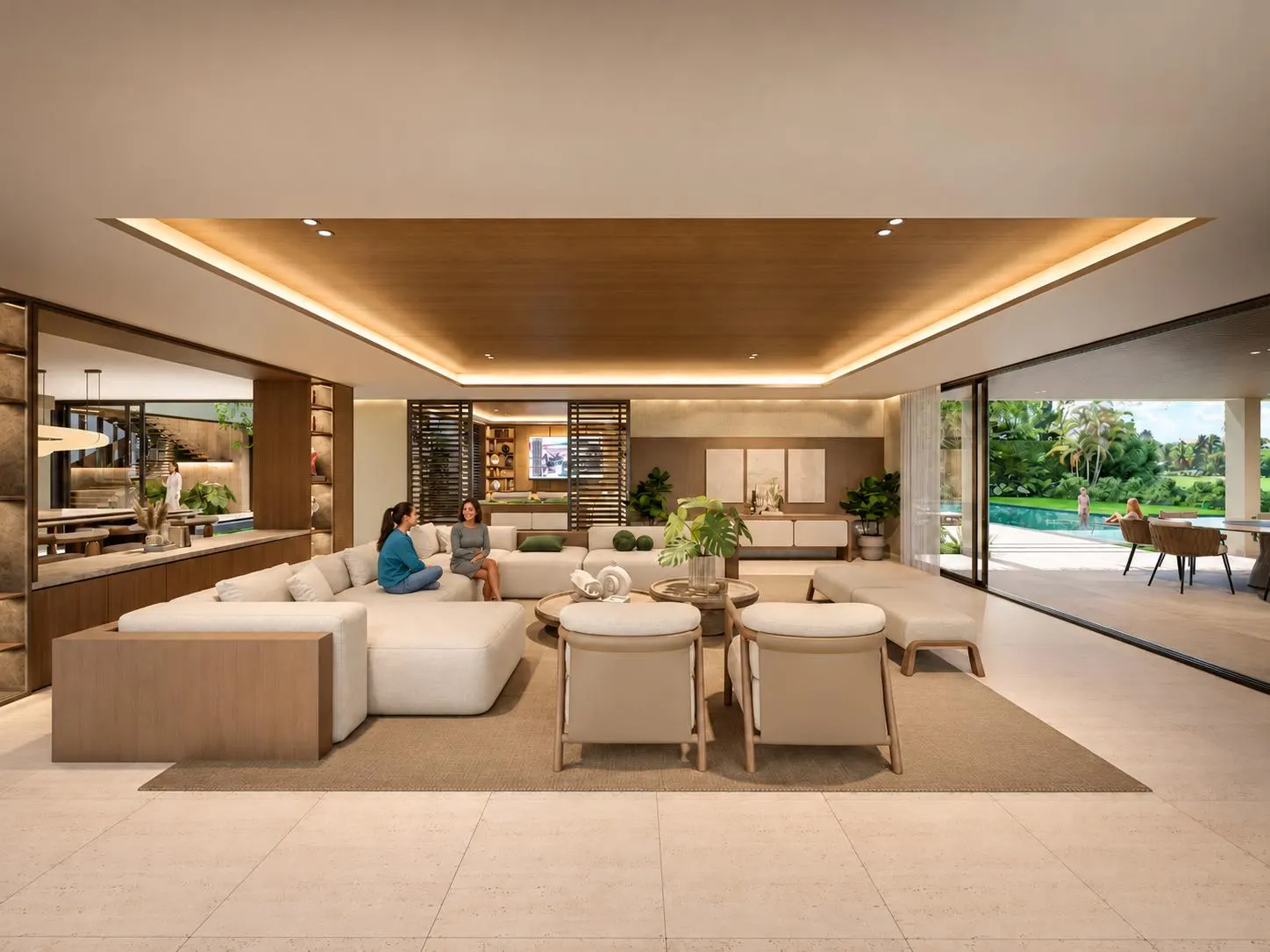 A long living room under a timber ceiling, glass onto the garden