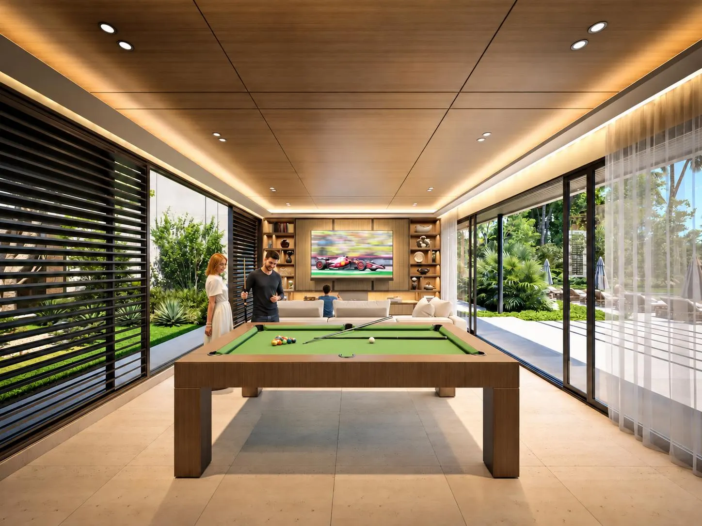 A games room with a billiard table, the garden through the glass