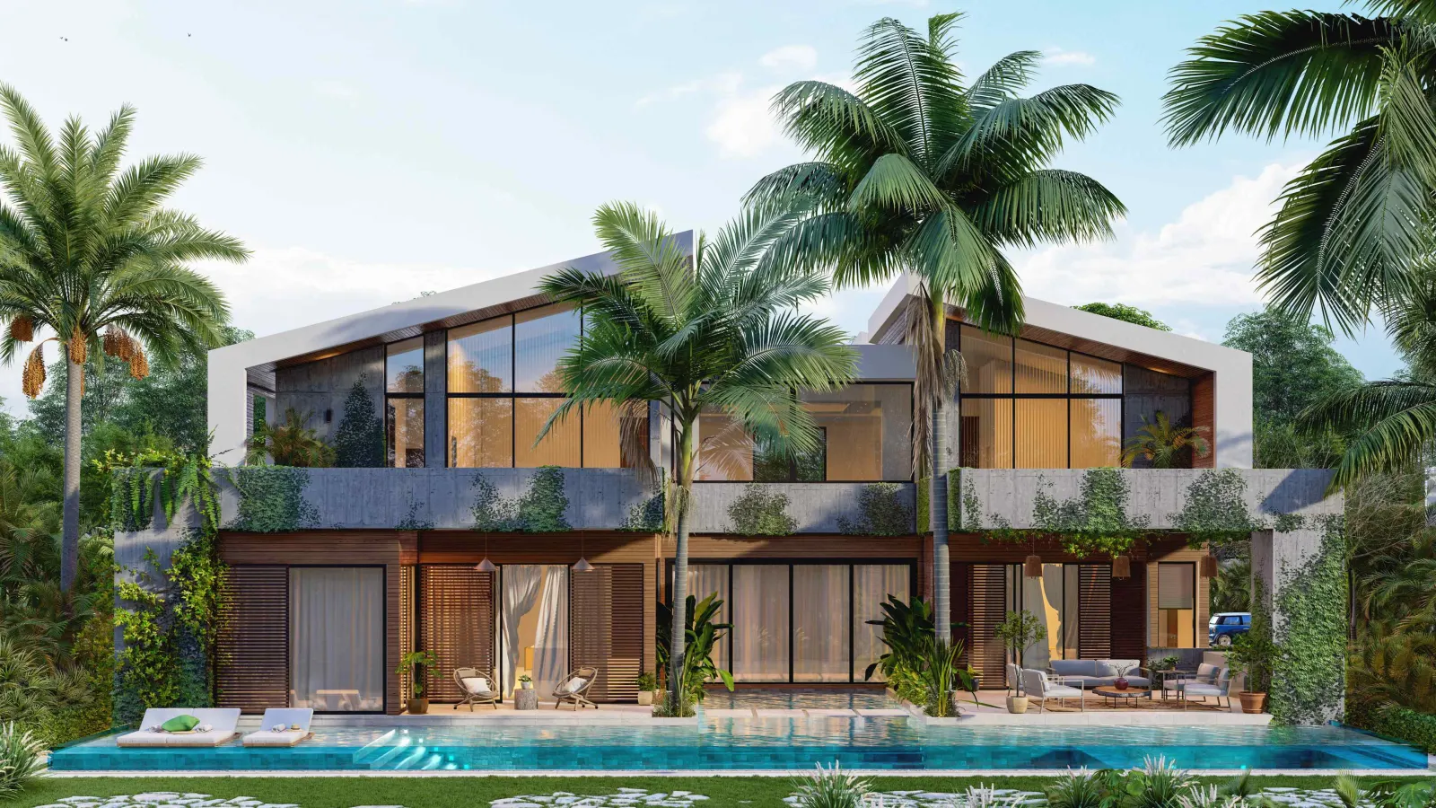 The house across its pool, palms on every side