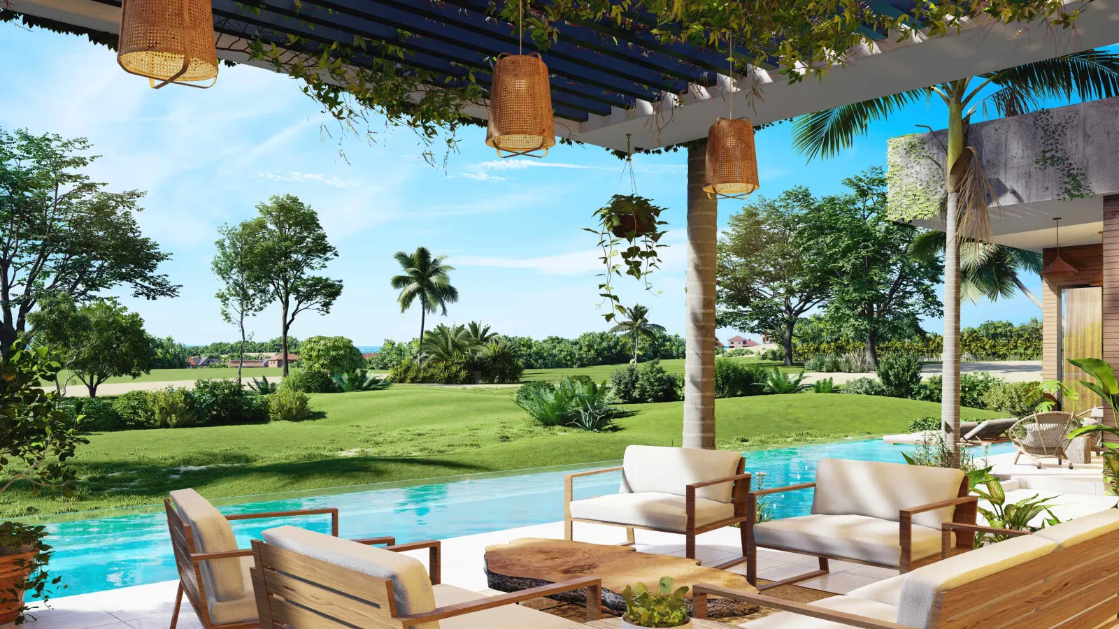 A terrace under a pergola, the pool and the lawn beyond
