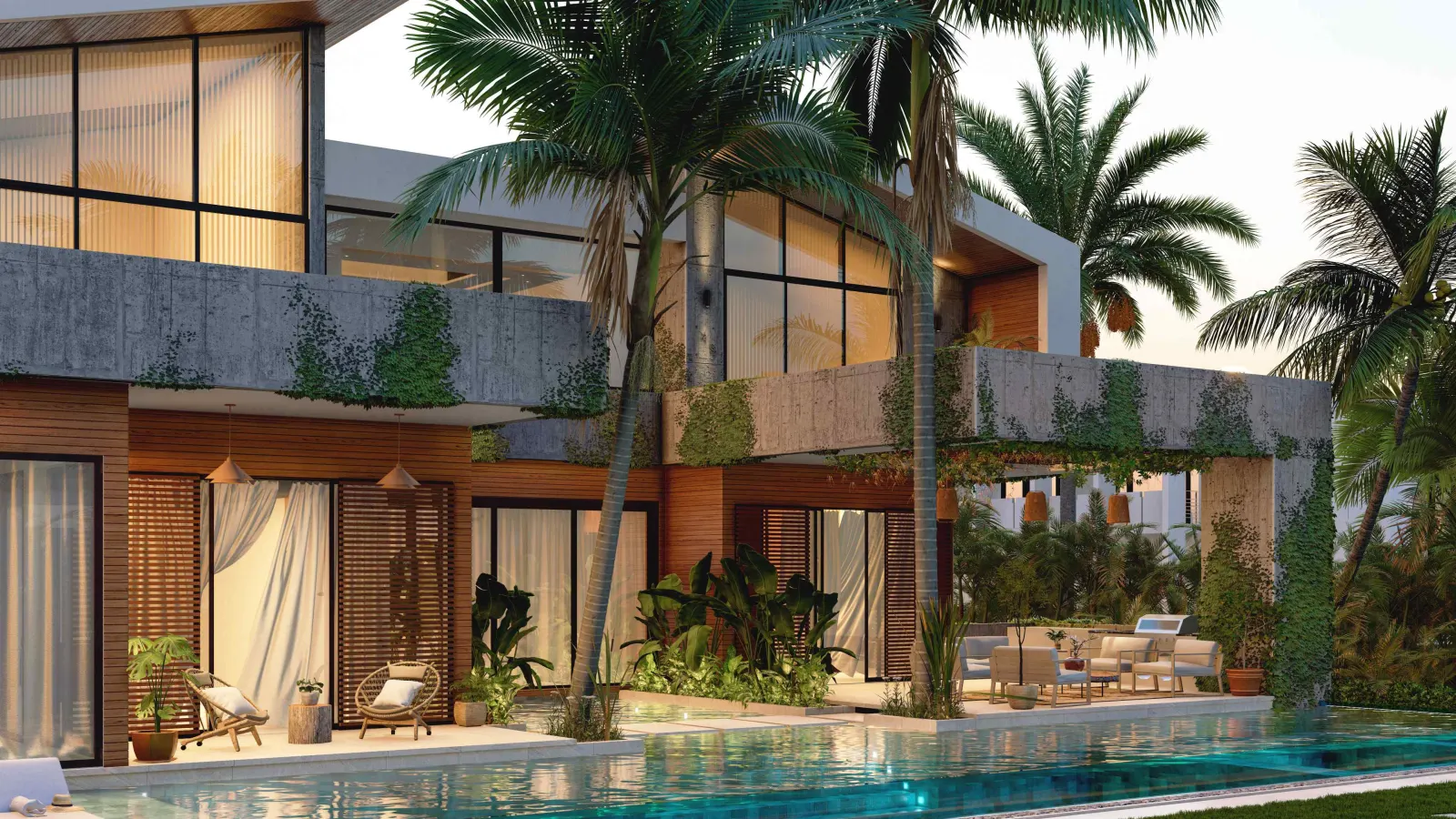 The terraces and the pool along the house