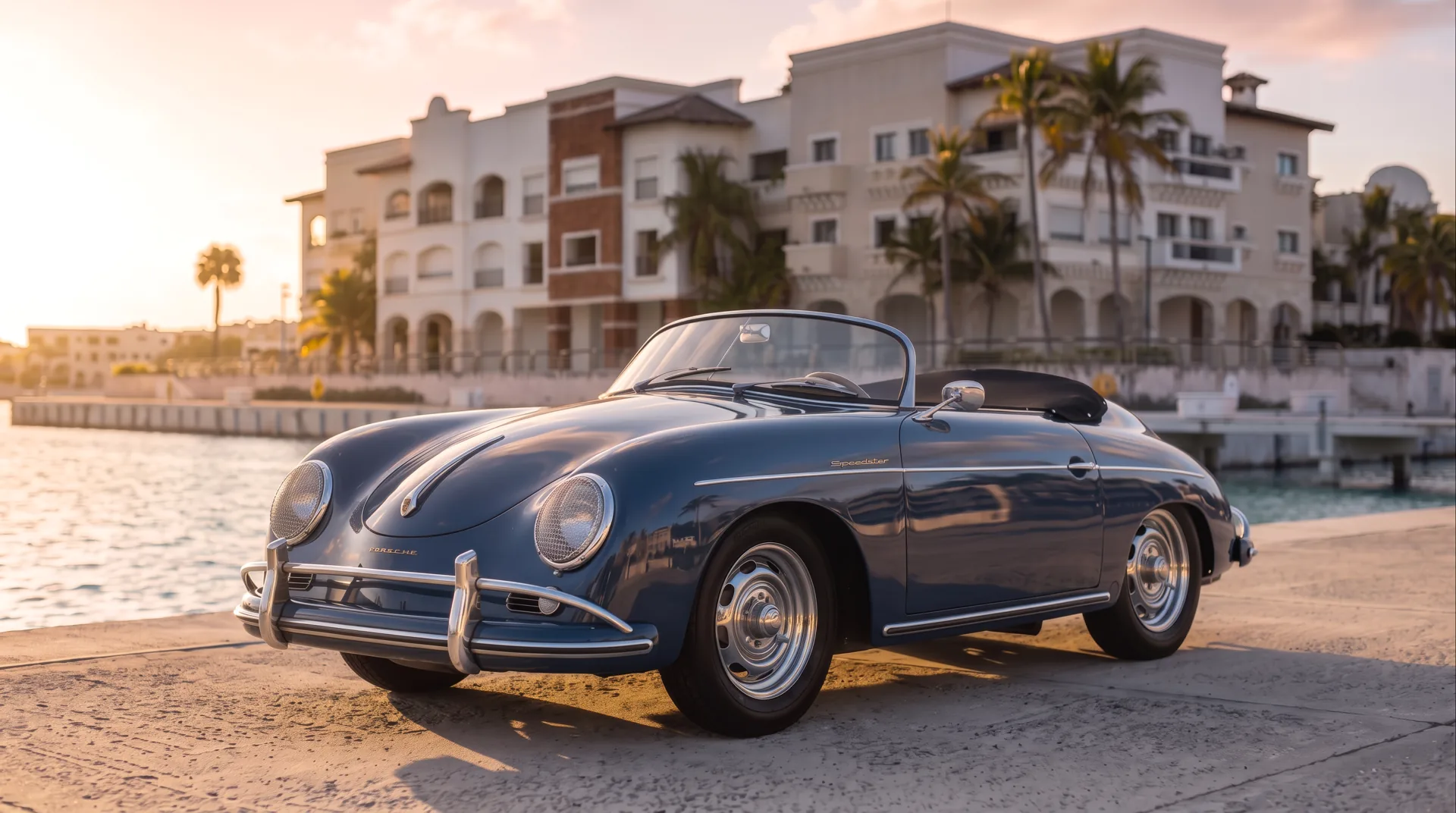 A blue Porsche 356 Speedster on the Marina quay at sunset
