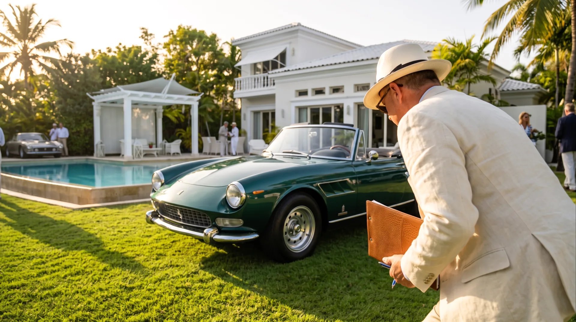 A judge in a cream linen suit and Panama hat bends over a green Ferrari 275 GTS spider, clipboard in hand