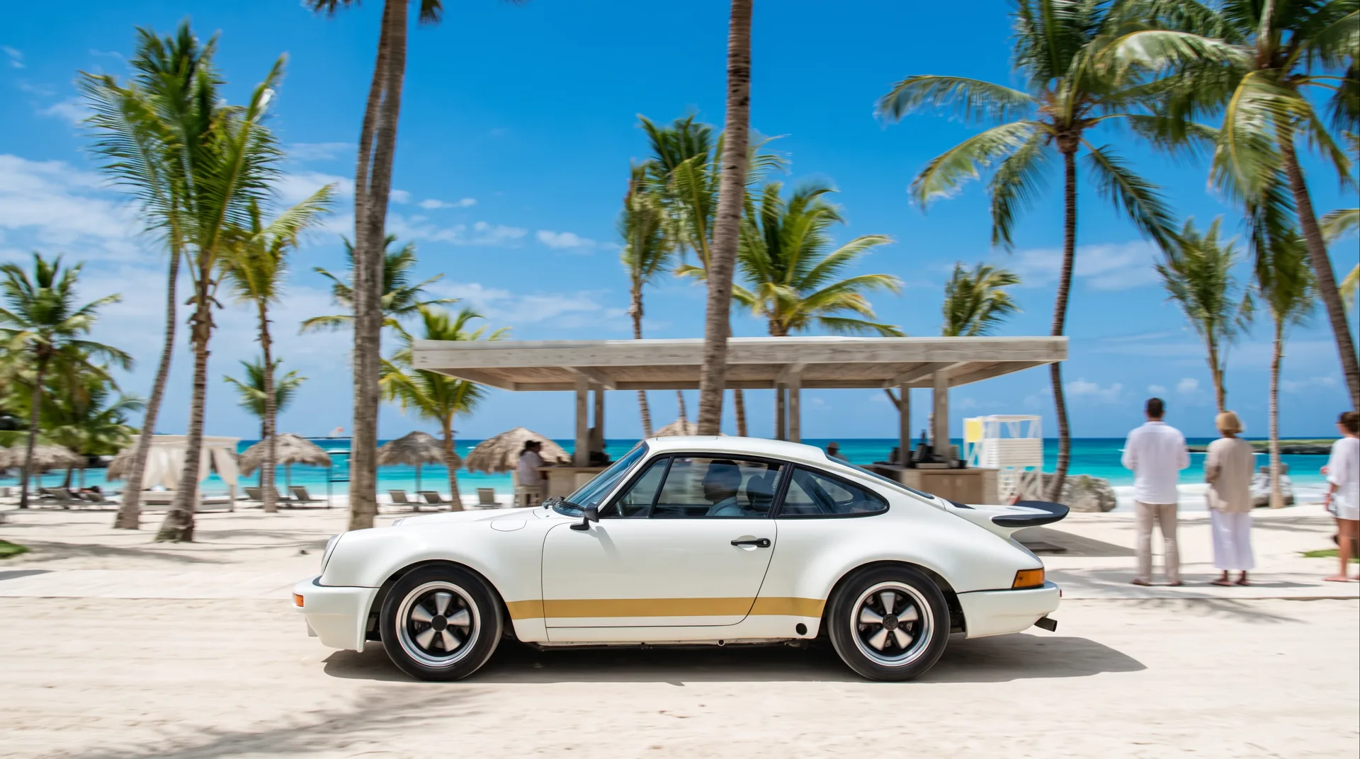 A white early Porsche 911 under the palms, guests in linen beside it