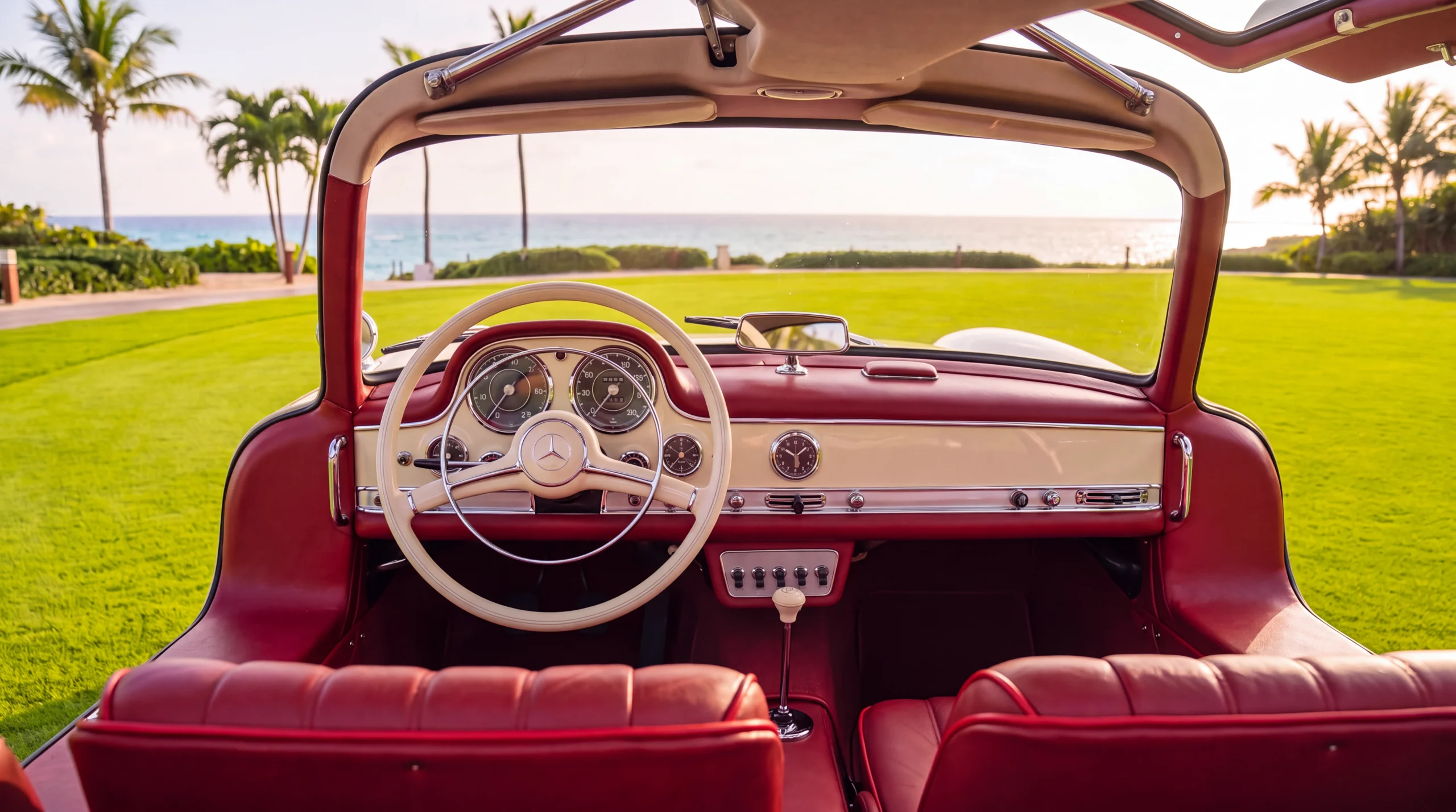 Inside the 300 SL: an ivory steering wheel, chrome gauges, red leather seats, and the lawn and the sea through the windscreen
