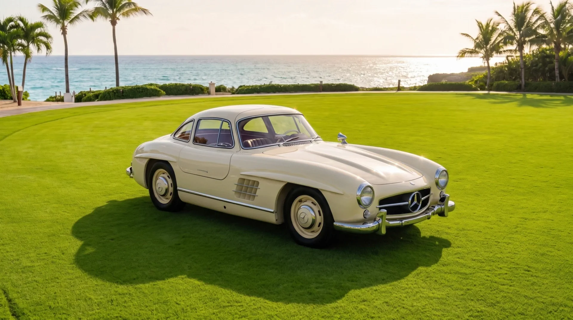 The 300 SL on the lawn with both gullwing doors closed, ready to lift
