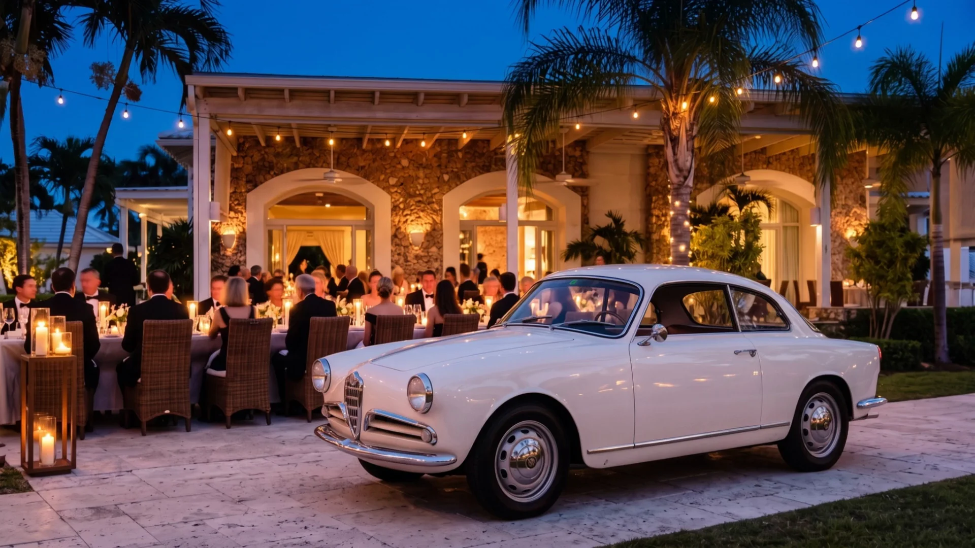 Candlelit tables under string lights