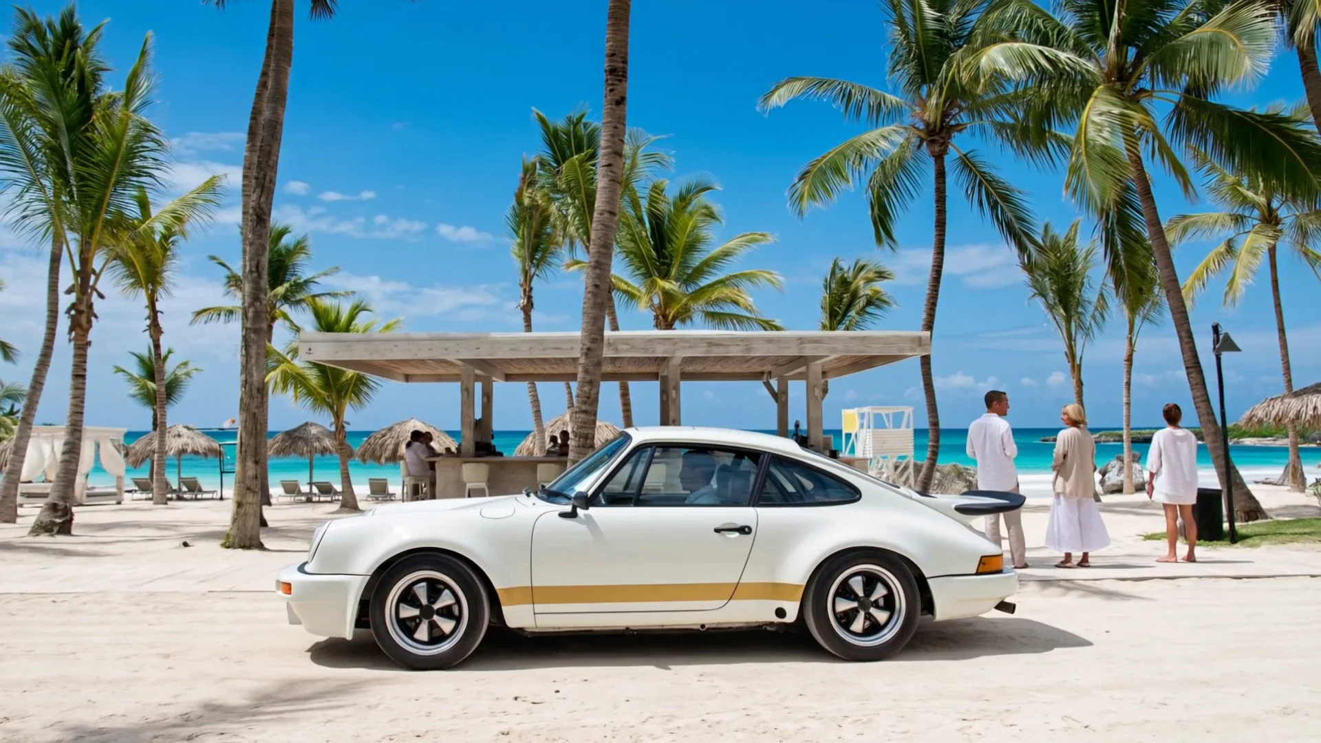 A white early 911 rolling slowly under the palms