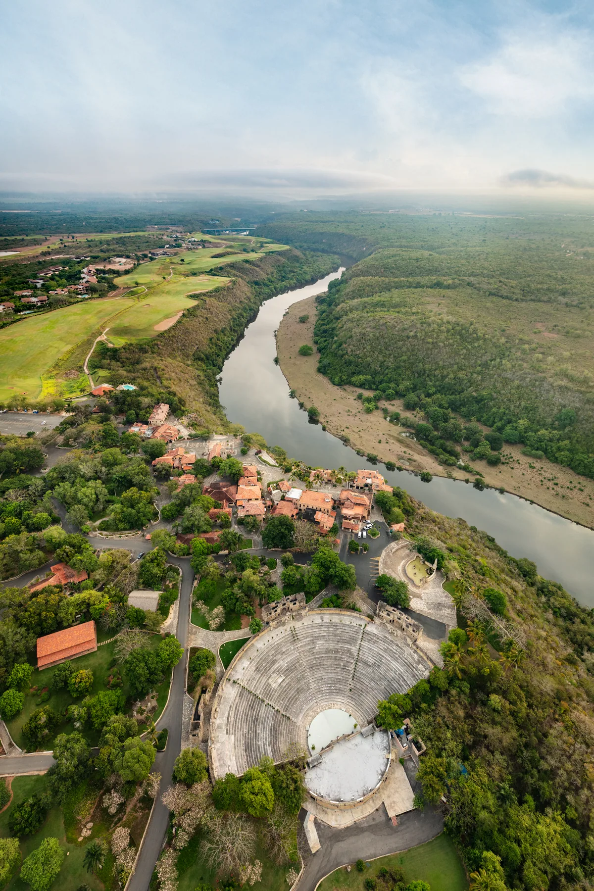 Altos de Chavón from the air: the stone village and its amphitheatre above the bend of the Chavón river